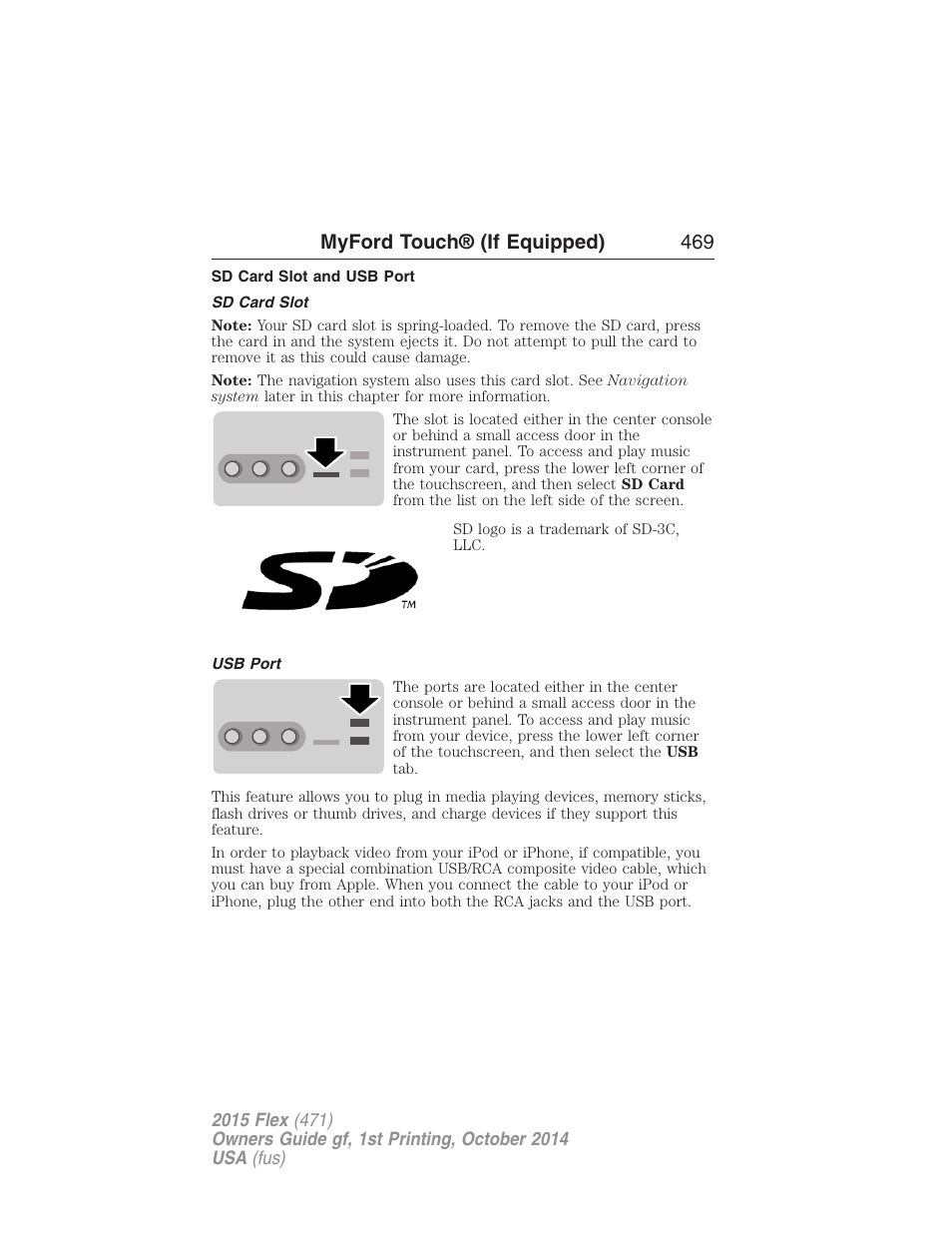 Sd card slot and usb port, Sd card slot, Usb port | Myford touch® (if equipped) 469 | FORD 2015 Flex User Manual | Page 470 / 571