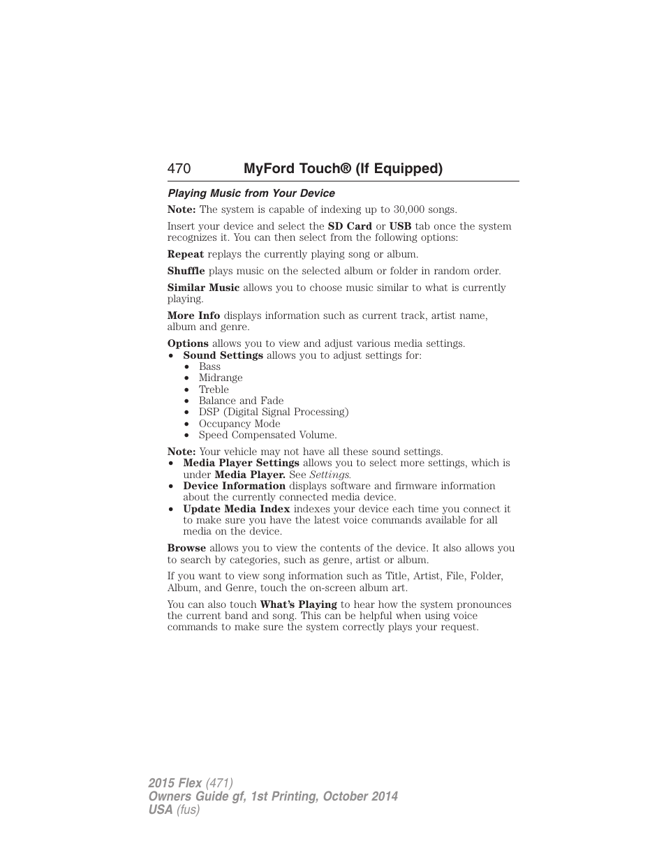 Playing music from your device, 470 myford touch® (if equipped) | FORD 2015 Flex User Manual | Page 471 / 571