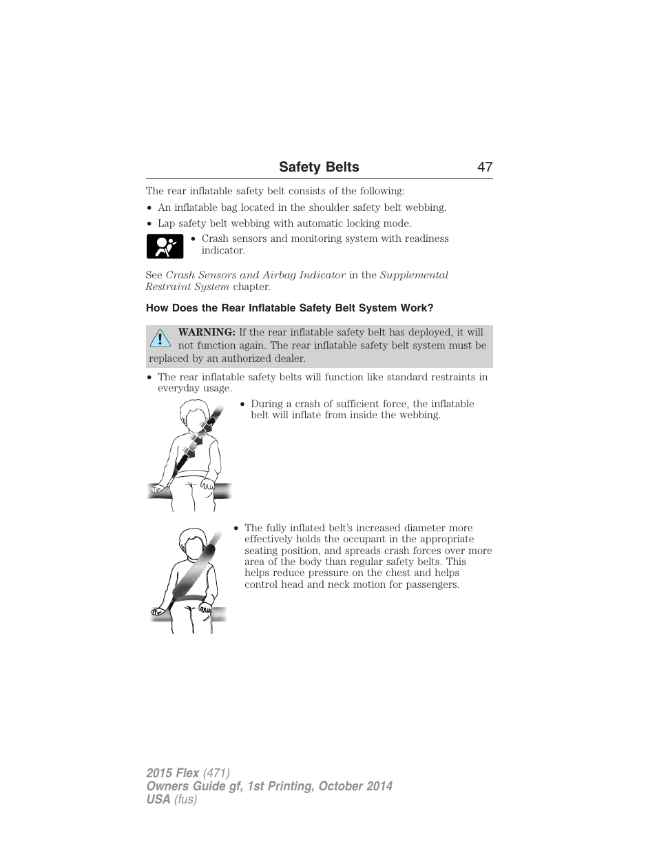 Safety belts 47 | FORD 2015 Flex User Manual | Page 48 / 571