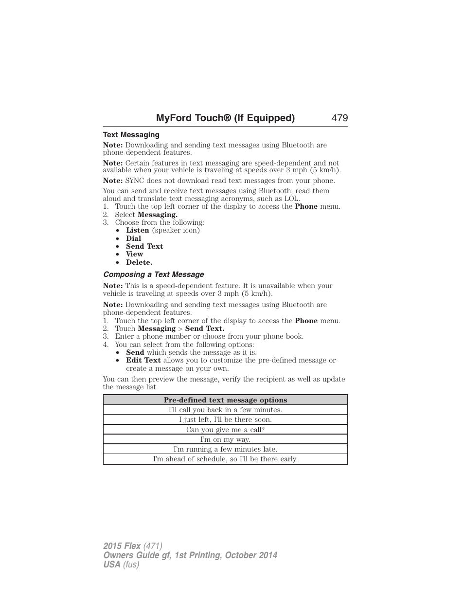 Text messaging, Composing a text message, Myford touch® (if equipped) 479 | FORD 2015 Flex User Manual | Page 480 / 571