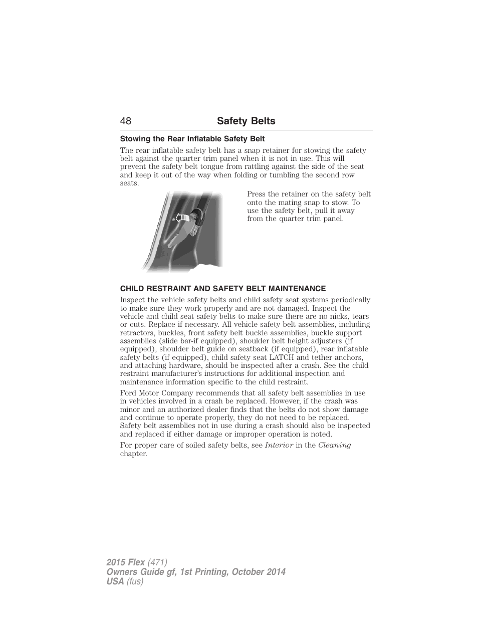 Stowing the rear inflatable safety belt, Child restraint and safety belt maintenance, 48 safety belts | FORD 2015 Flex User Manual | Page 49 / 571