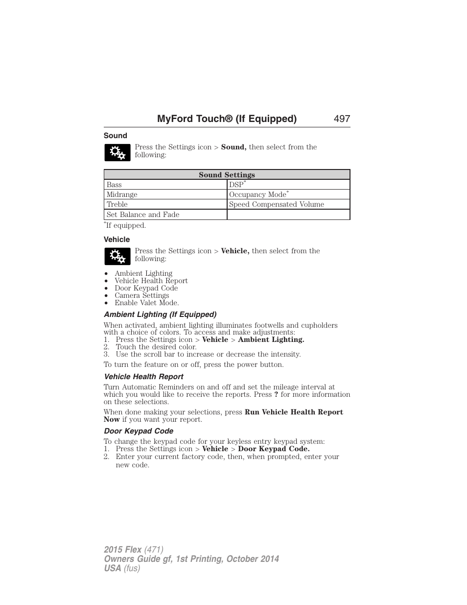 Sound, Vehicle, Ambient lighting (if equipped) | Vehicle health report, Door keypad code, Myford touch® (if equipped) 497 | FORD 2015 Flex User Manual | Page 498 / 571