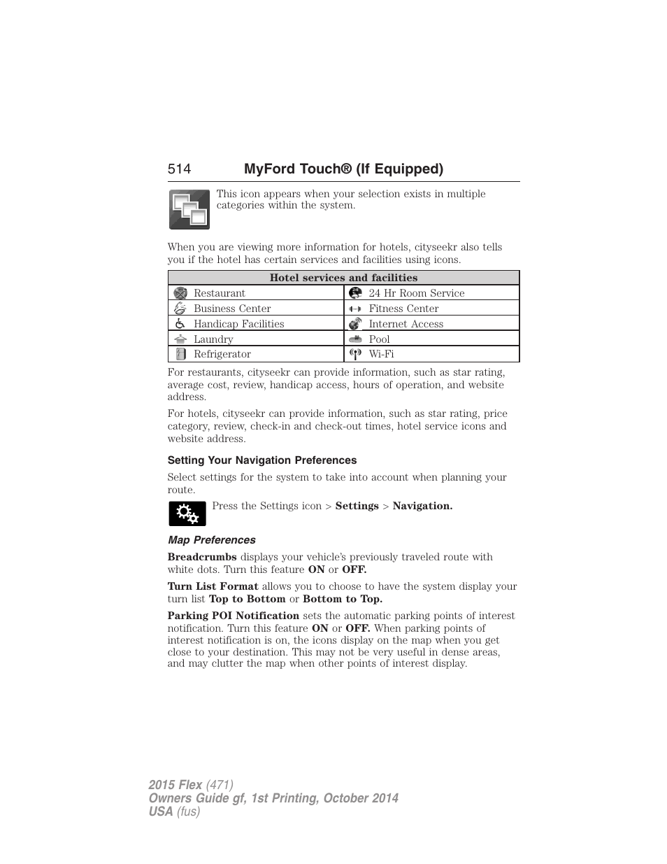 Setting your navigation preferences, Map preferences, 514 myford touch® (if equipped) | FORD 2015 Flex User Manual | Page 515 / 571
