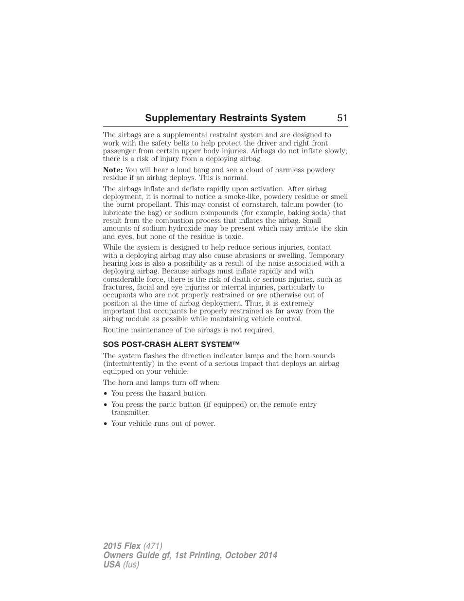 Sos post-crash alert system, Supplementary restraints system 51 | FORD 2015 Flex User Manual | Page 52 / 571