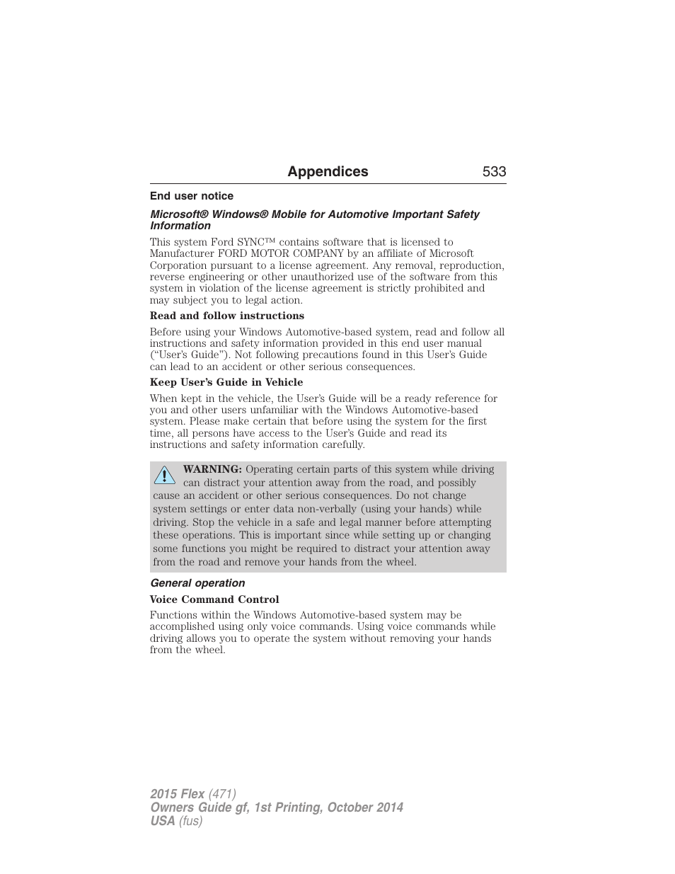 End user notice, General operation, Appendices 533 | FORD 2015 Flex User Manual | Page 534 / 571