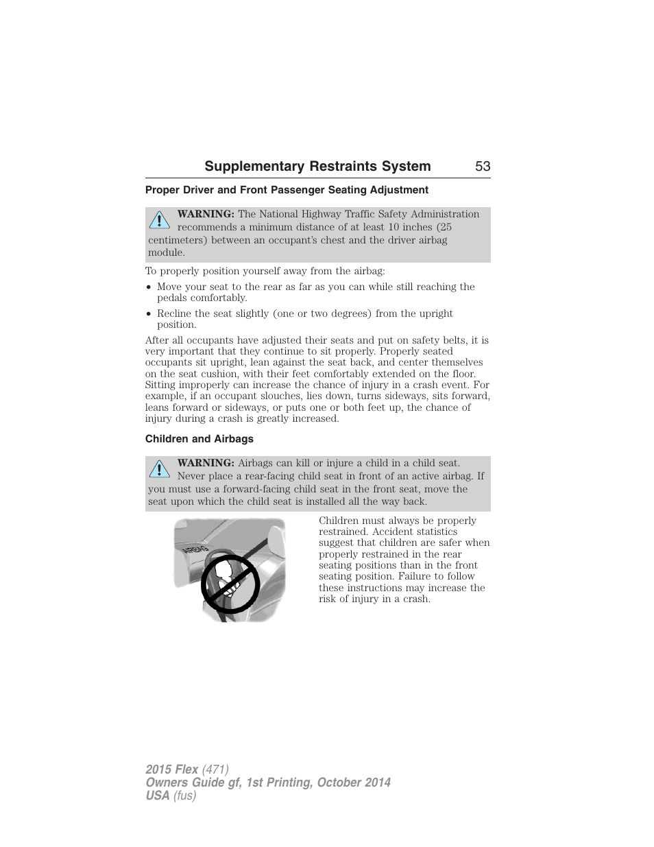 Children and airbags, Supplementary restraints system 53 | FORD 2015 Flex User Manual | Page 54 / 571