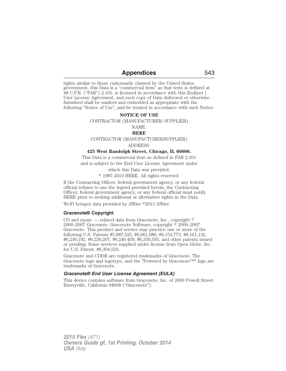 Gracenote® copyright, Gracenote® end user license agreement (eula), Appendices 543 | FORD 2015 Flex User Manual | Page 544 / 571