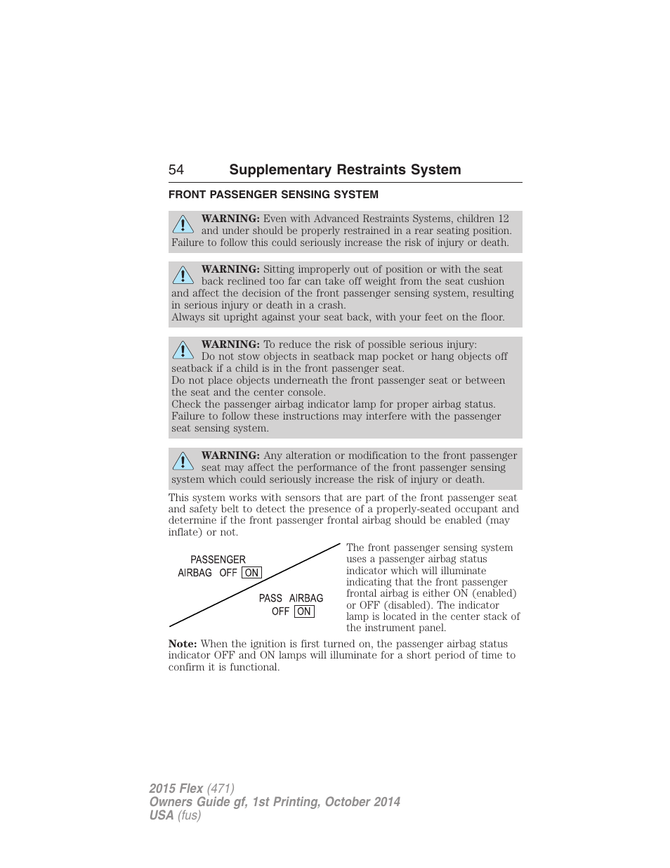 Front passenger sensing system, 54 supplementary restraints system | FORD 2015 Flex User Manual | Page 55 / 571