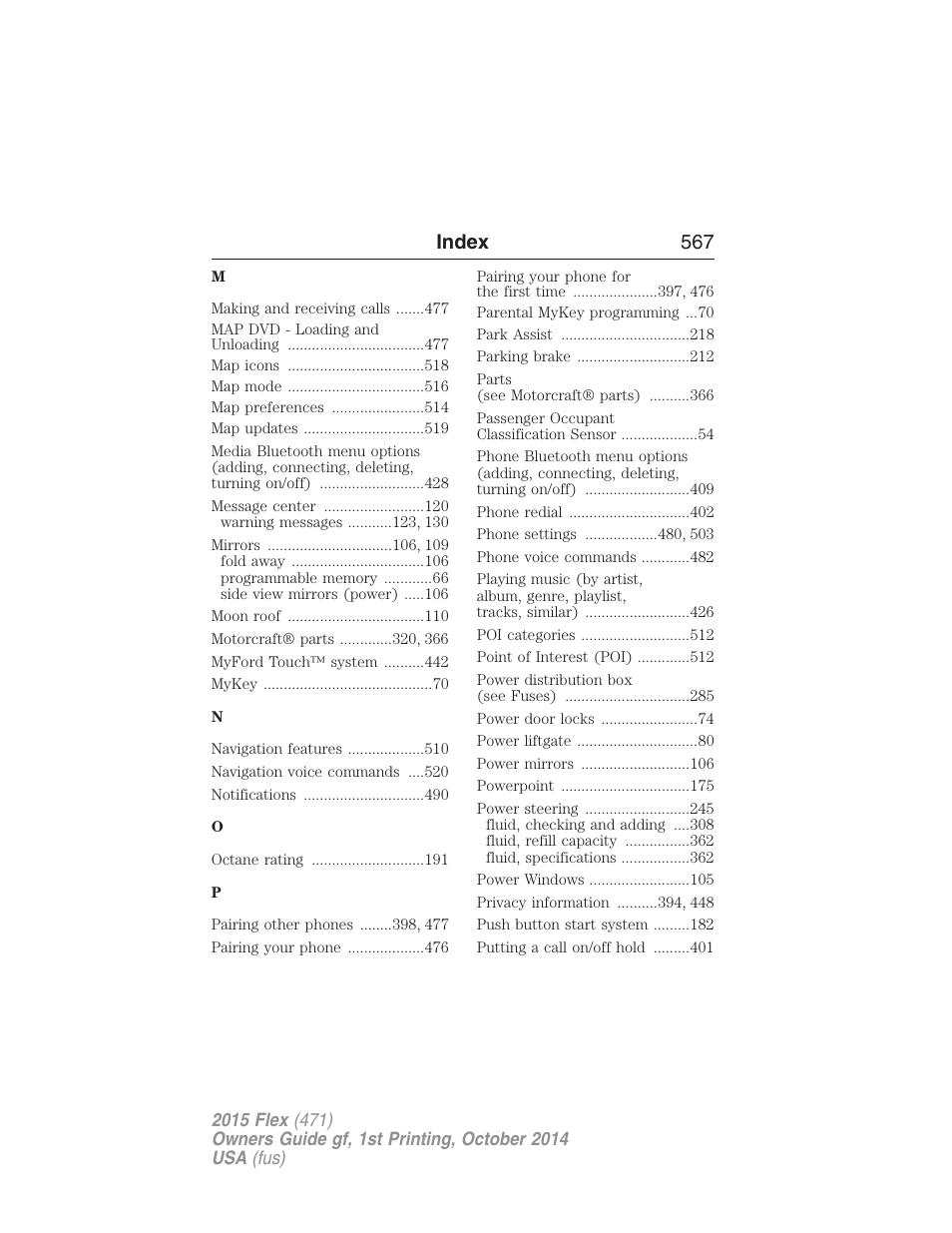 Index 567 | FORD 2015 Flex User Manual | Page 568 / 571