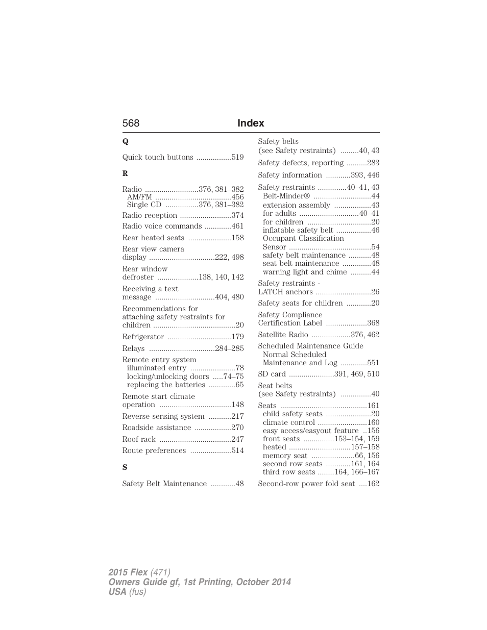 568 index | FORD 2015 Flex User Manual | Page 569 / 571