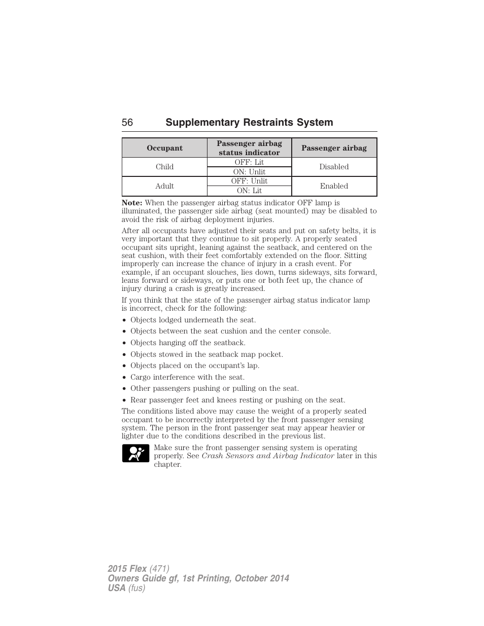 56 supplementary restraints system | FORD 2015 Flex User Manual | Page 57 / 571