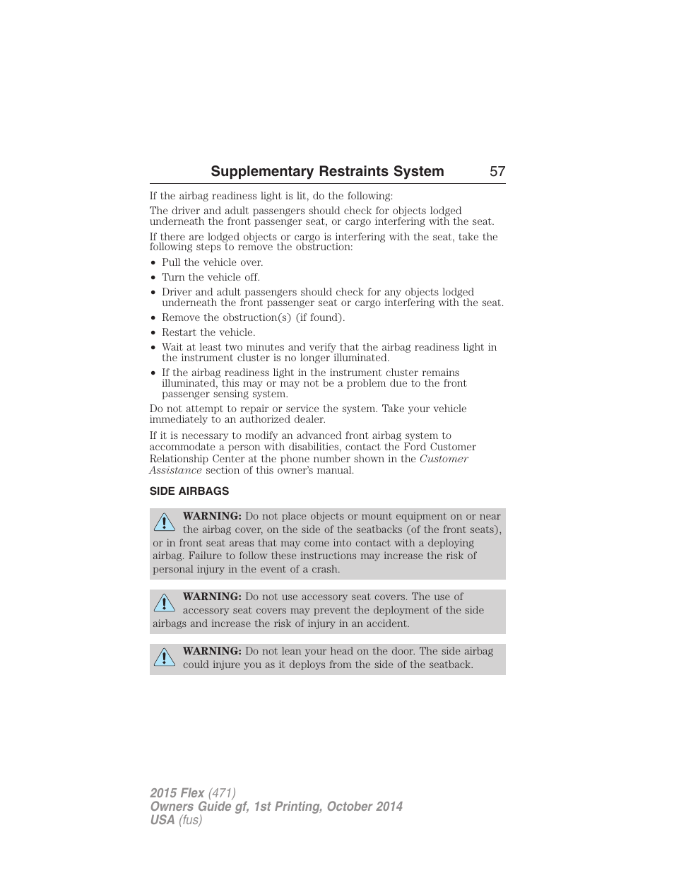 Side airbags, Supplementary restraints system 57 | FORD 2015 Flex User Manual | Page 58 / 571