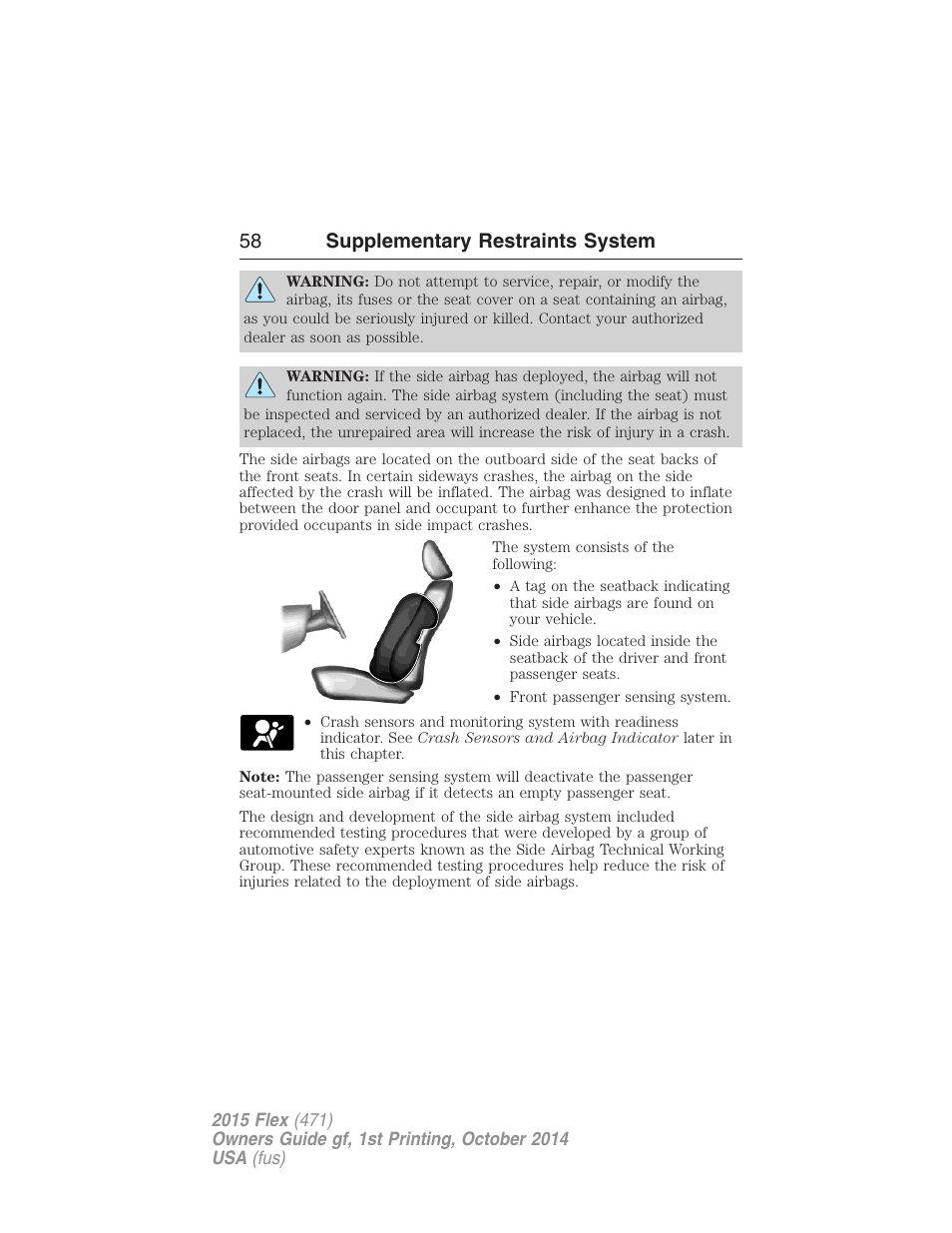 58 supplementary restraints system | FORD 2015 Flex User Manual | Page 59 / 571