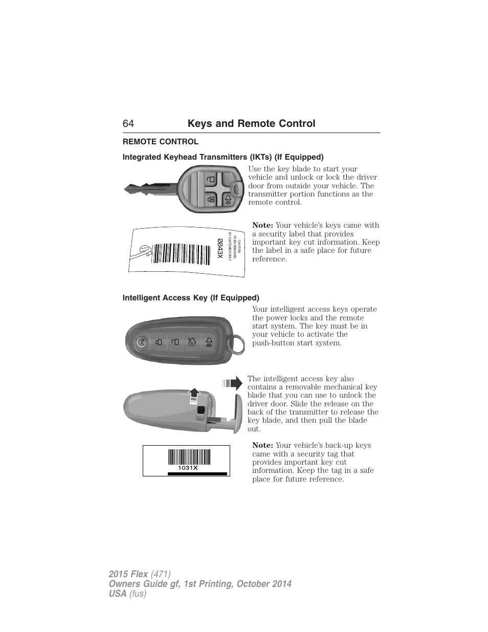 Remote control, Intelligent access key (if equipped), Keys | 64 keys and remote control | FORD 2015 Flex User Manual | Page 65 / 571
