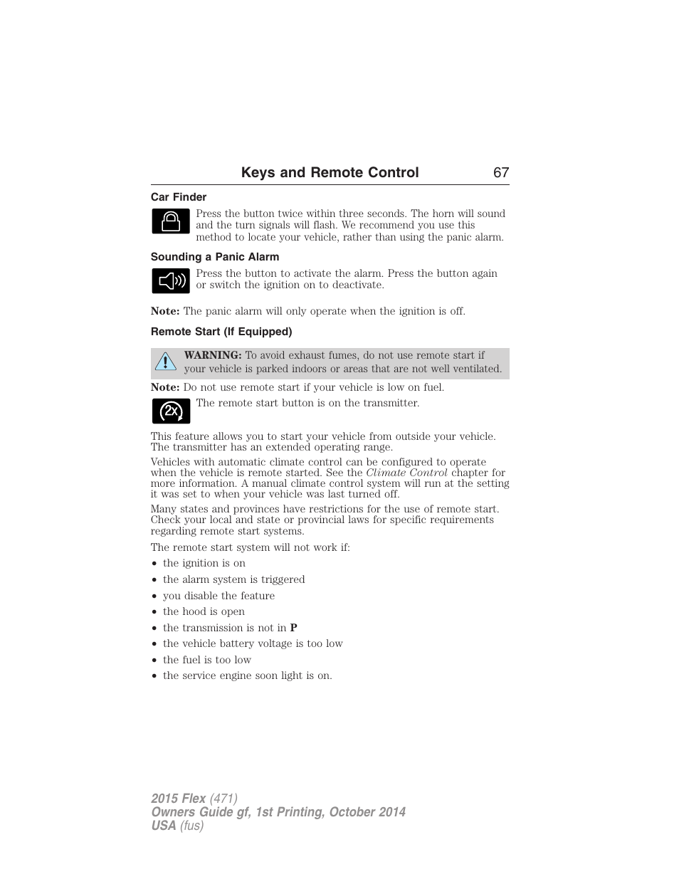 Car finder, Sounding a panic alarm, Remote start (if equipped) | Keys and remote control 67 | FORD 2015 Flex User Manual | Page 68 / 571