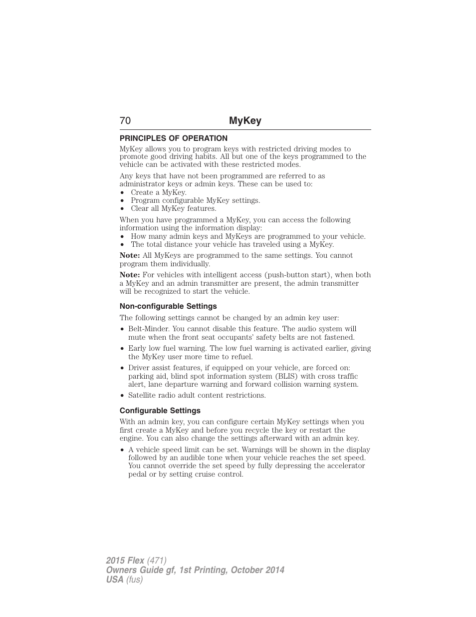 Mykey, Principles of operation, Non-configurable settings | Configurable settings, Settings, mykey, 70 mykey | FORD 2015 Flex User Manual | Page 71 / 571