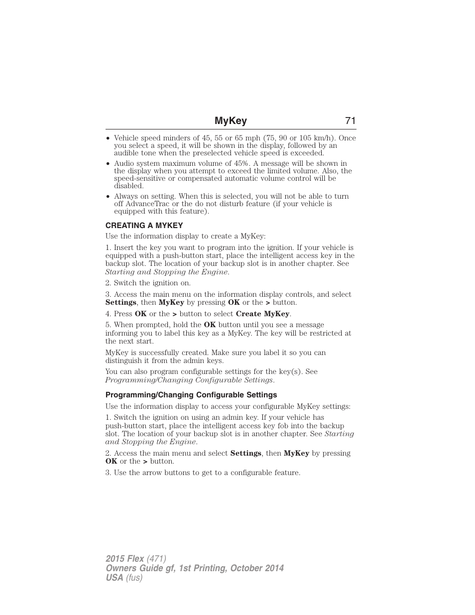 Creating a mykey, Programming/changing configurable settings, Creating | Mykey 71 | FORD 2015 Flex User Manual | Page 72 / 571