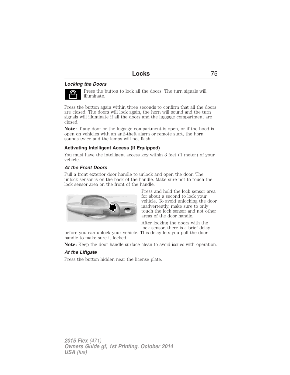 Locking the doors, Activating intelligent access (if equipped), At the front doors | At the liftgate, Locks 75 | FORD 2015 Flex User Manual | Page 76 / 571