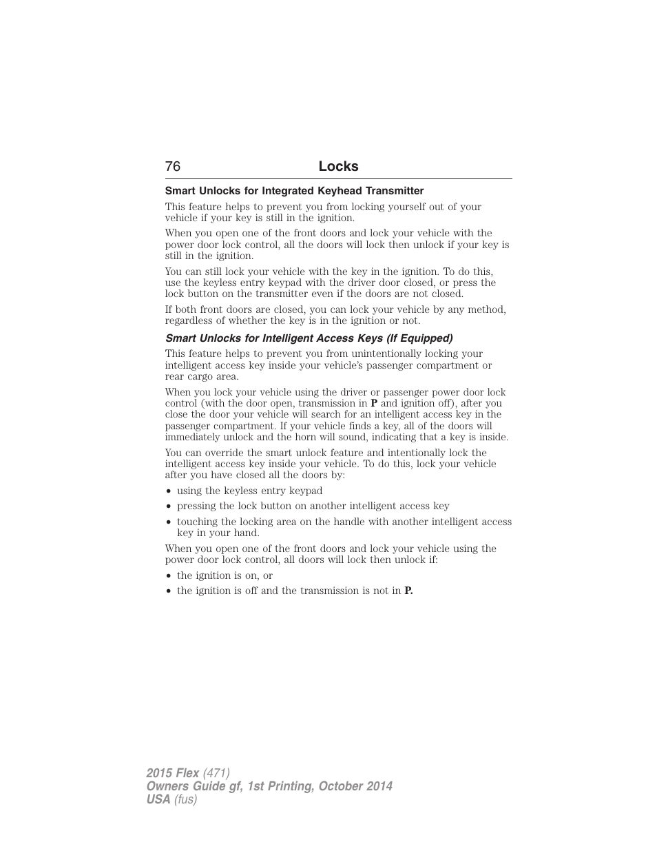 Smart unlocks for integrated keyhead transmitter, 76 locks | FORD 2015 Flex User Manual | Page 77 / 571