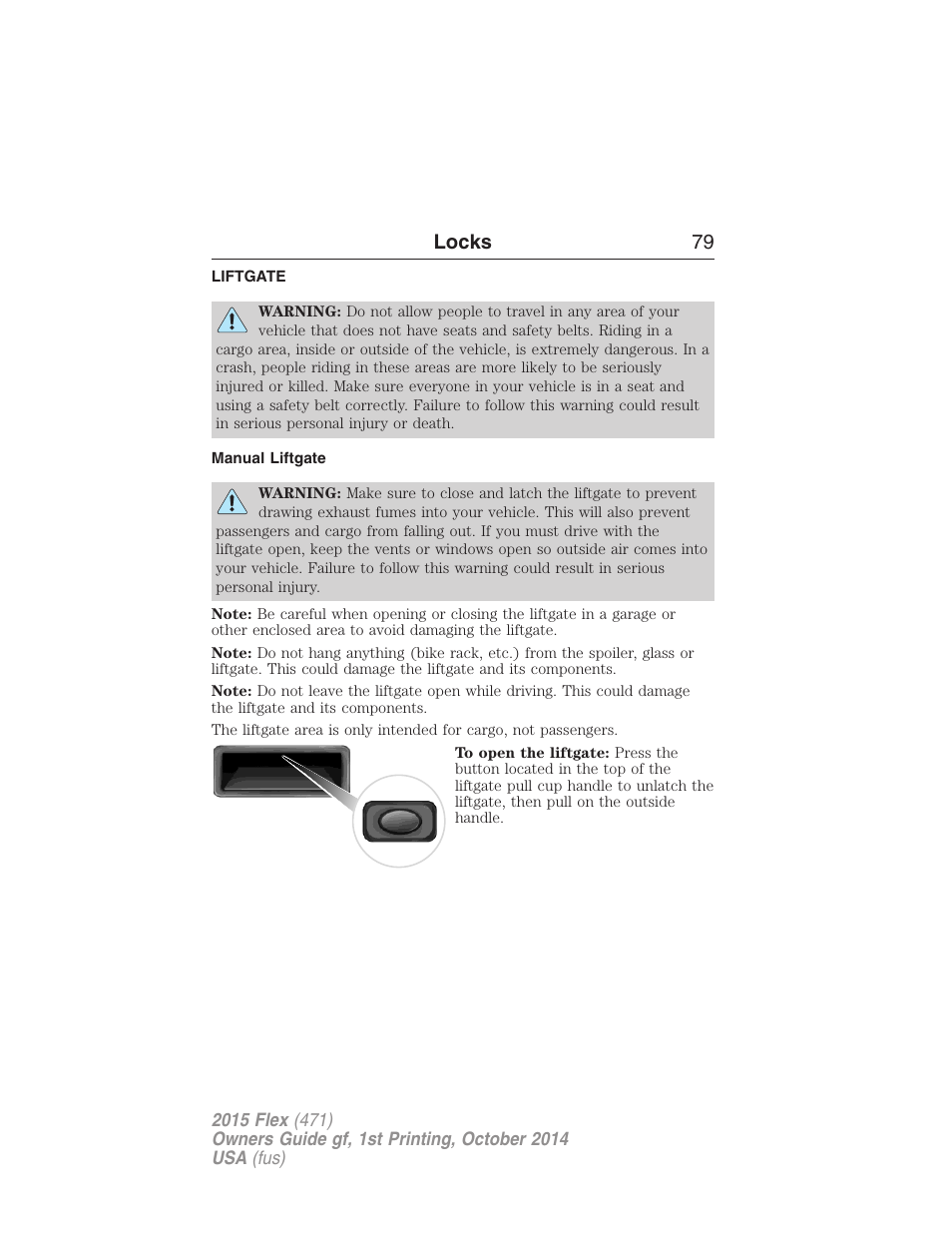 Liftgate, Manual liftgate, Locks 79 | FORD 2015 Flex User Manual | Page 80 / 571