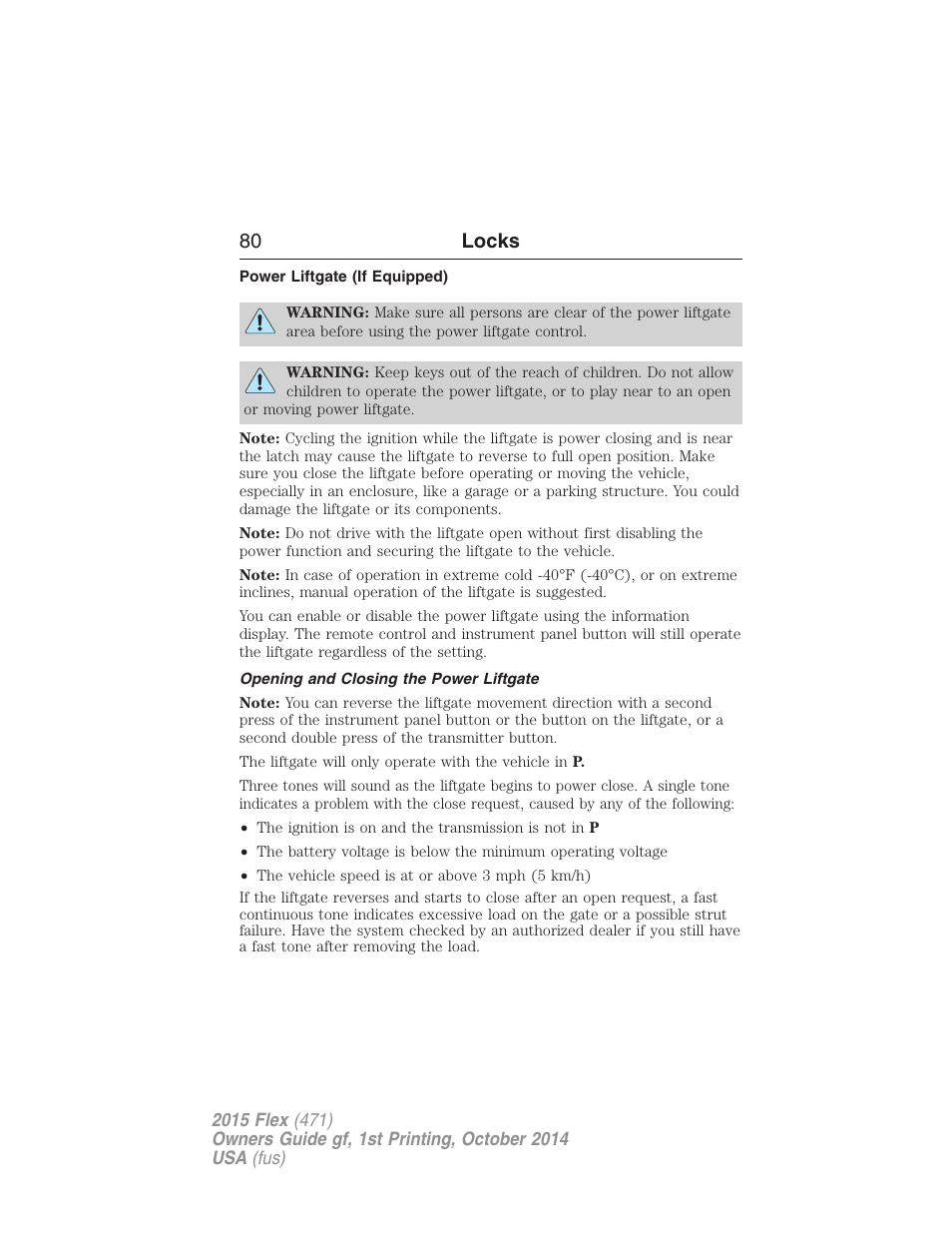 Power liftgate (if equipped), Opening and closing the power liftgate, 80 locks | FORD 2015 Flex User Manual | Page 81 / 571