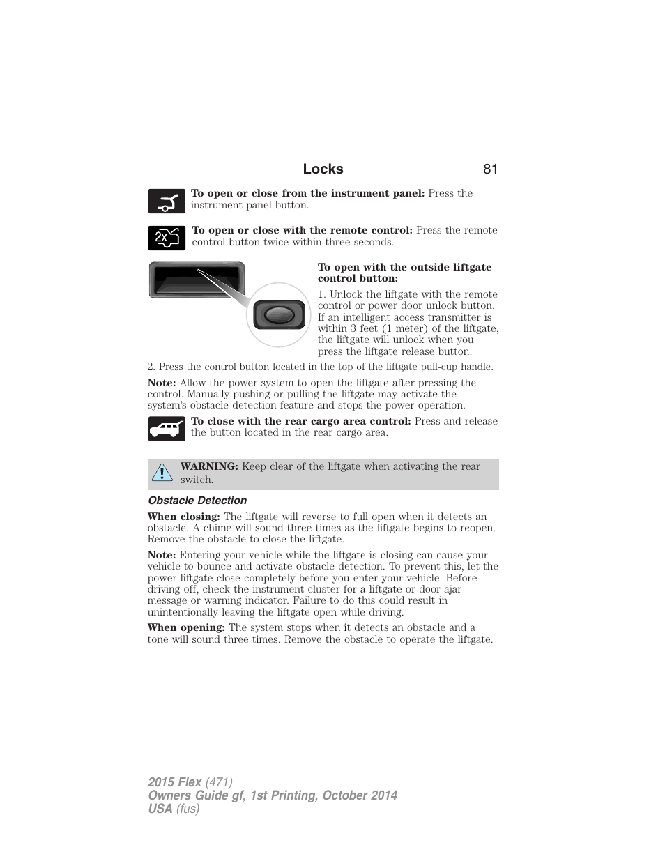 Obstacle detection, Locks 81 | FORD 2015 Flex User Manual | Page 82 / 571