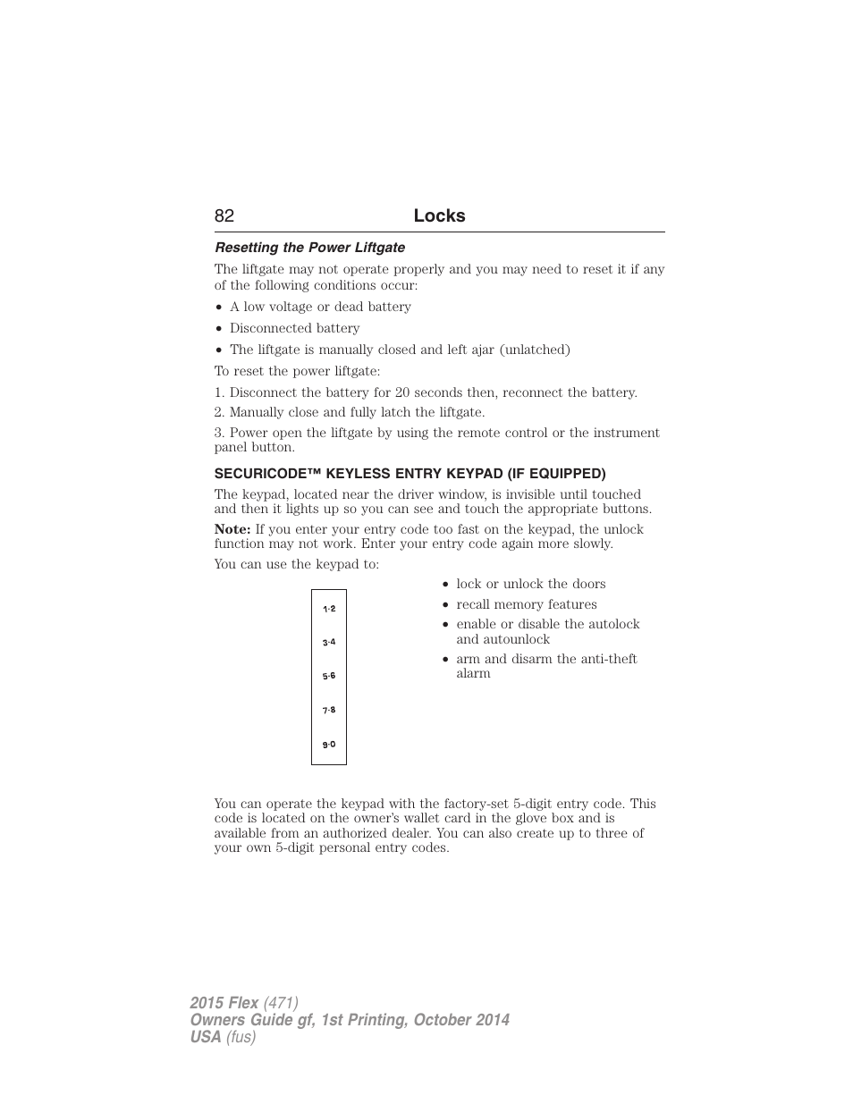 Resetting the power liftgate, Securicode™ keyless entry keypad (if equipped), Securicode™ keyless entry keypad | 82 locks | FORD 2015 Flex User Manual | Page 83 / 571