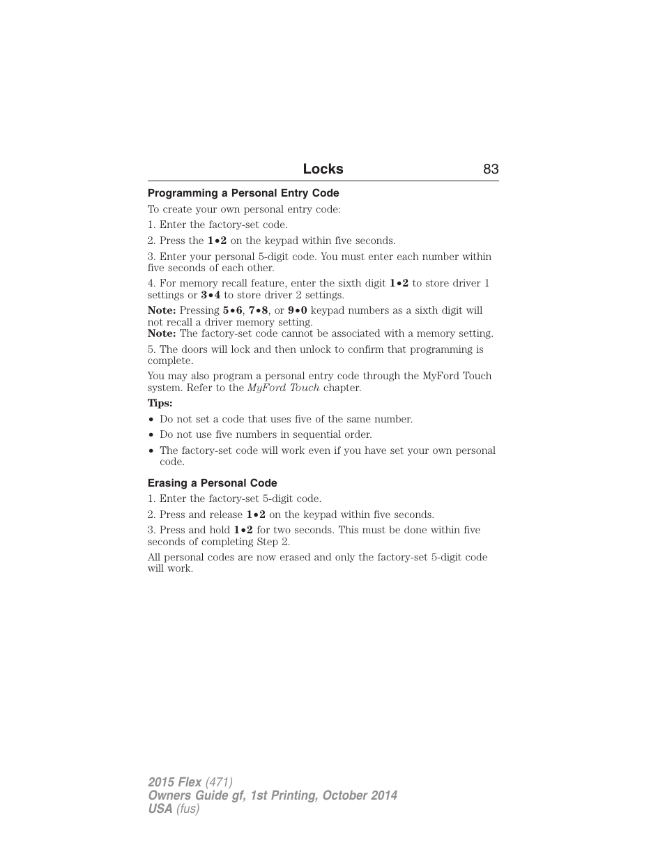 Programming a personal entry code, Erasing a personal code, Locks 83 | FORD 2015 Flex User Manual | Page 84 / 571