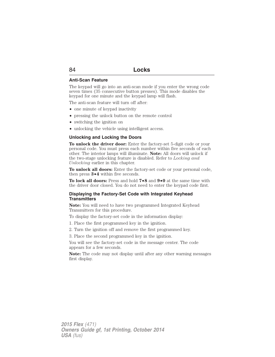 Anti-scan feature, Unlocking and locking the doors, 84 locks | FORD 2015 Flex User Manual | Page 85 / 571