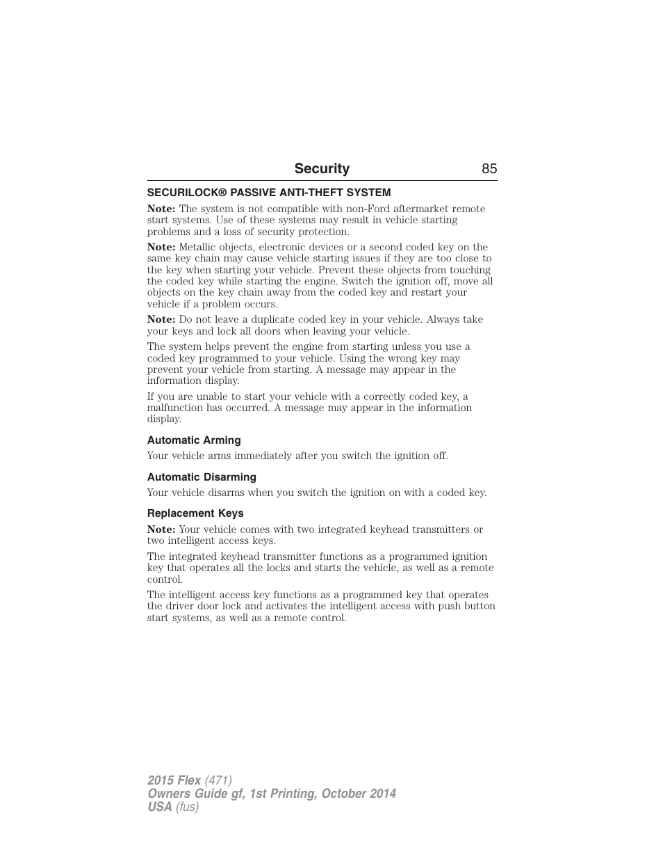 Security, Securilock® passive anti-theft system, Automatic arming | Automatic disarming, Replacement keys, Security 85 | FORD 2015 Flex User Manual | Page 86 / 571