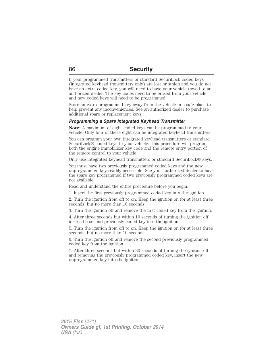 Programming a spare integrated keyhead transmitter, 86 security | FORD 2015 Flex User Manual | Page 87 / 571