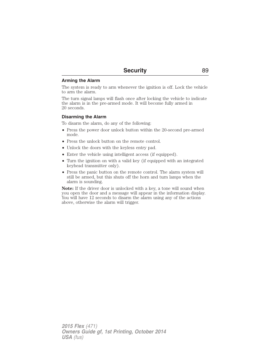Arming the alarm, Disarming the alarm, Security 89 | FORD 2015 Flex User Manual | Page 90 / 571
