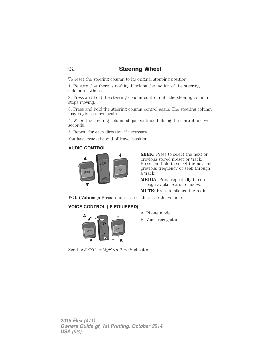 Audio control, Voice control (if equipped), Steering wheel controls | 92 steering wheel | FORD 2015 Flex User Manual | Page 93 / 571