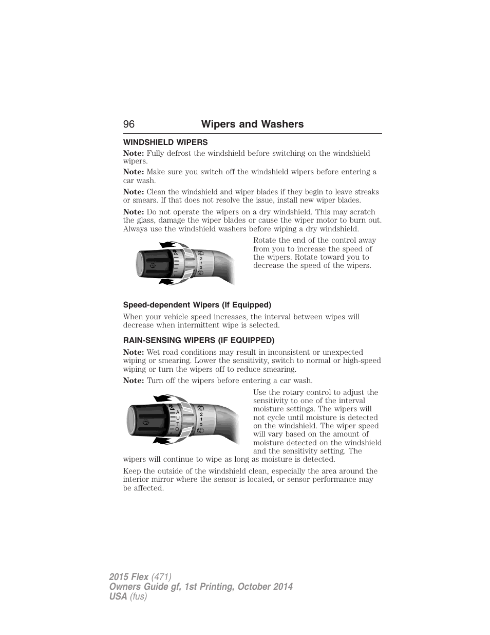 Wipers and washers, Windshield wipers, Speed-dependent wipers (if equipped) | Rain-sensing wipers (if equipped), Rain-sensing wipers, 96 wipers and washers | FORD 2015 Flex User Manual | Page 97 / 571