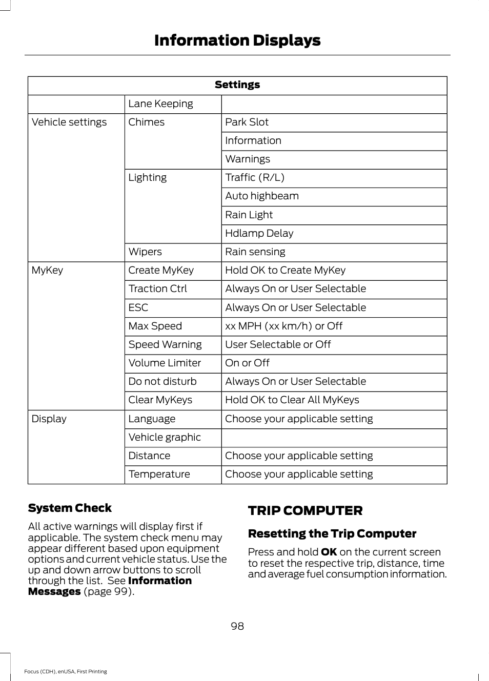 Trip computer, Information displays | FORD 2015 Focus User Manual | Page 101 / 453