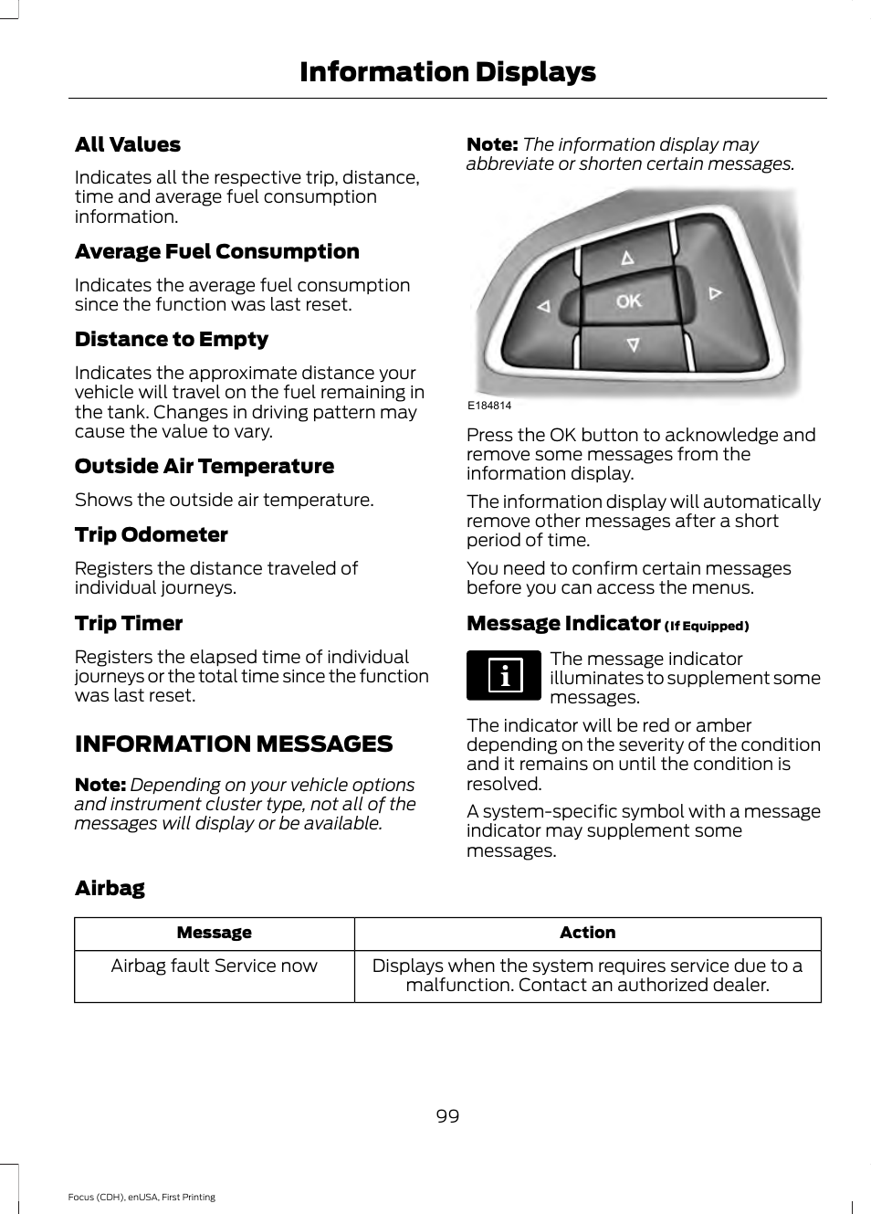 Information messages, Information displays | FORD 2015 Focus User Manual | Page 102 / 453