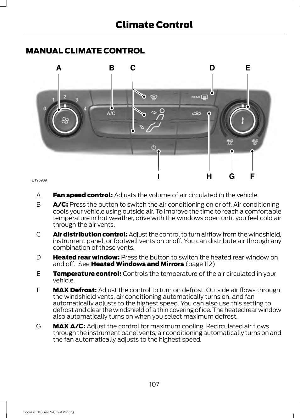 Climate control, Manual climate control | FORD 2015 Focus User Manual | Page 110 / 453