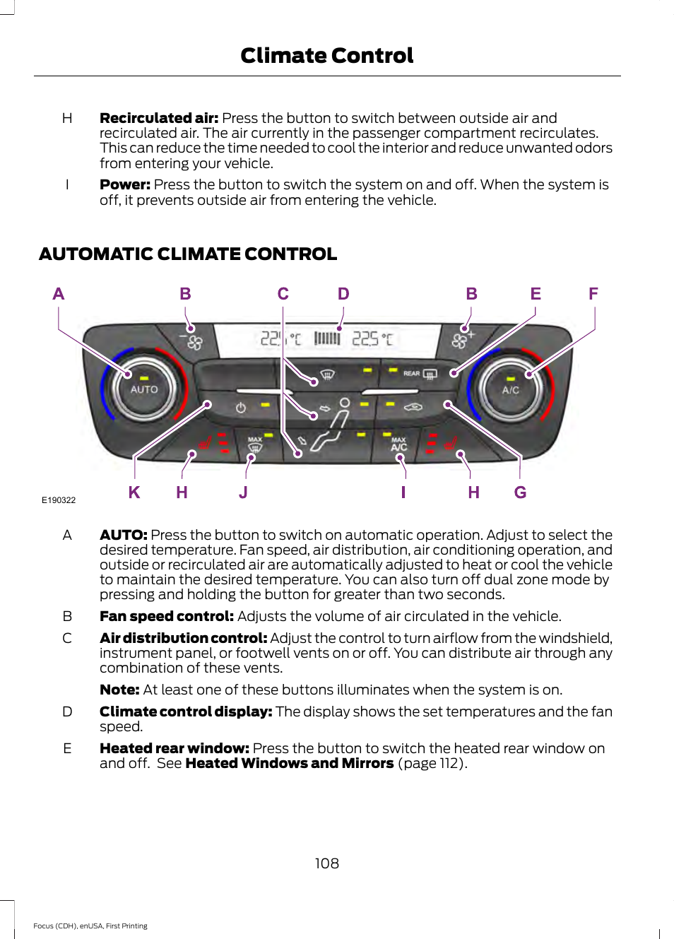 Automatic climate control, Climate control | FORD 2015 Focus User Manual | Page 111 / 453