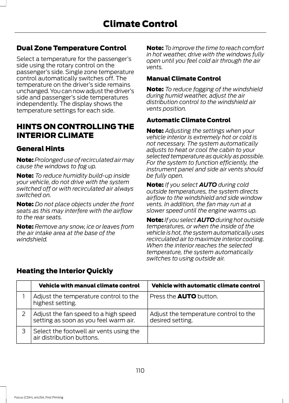 Hints on controlling the interior climate, Hints on controlling the interior, Climate | Climate control | FORD 2015 Focus User Manual | Page 113 / 453