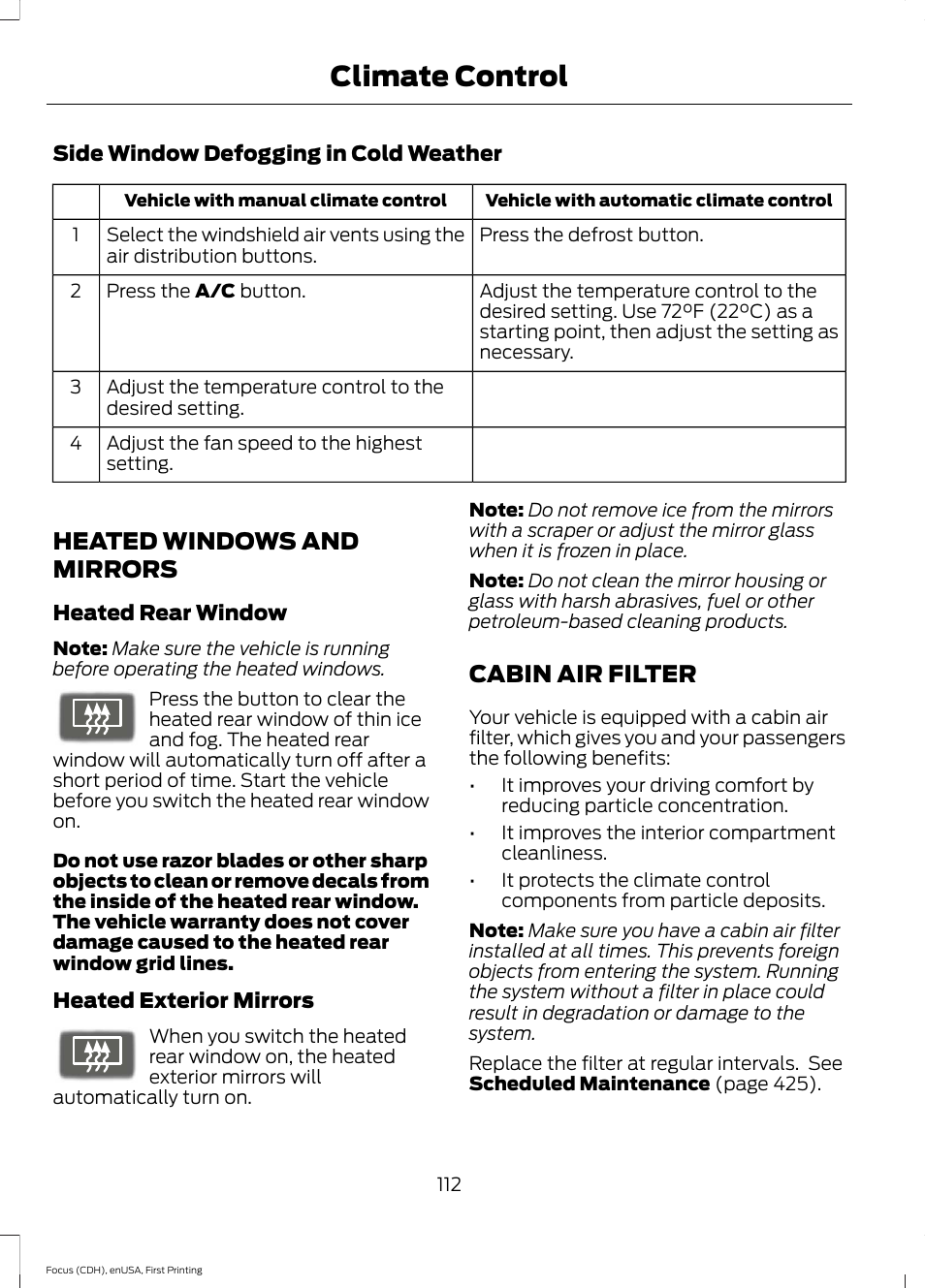 Heated windows and mirrors, Cabin air filter, Heated windows and mirrors cabin air filter | Climate control | FORD 2015 Focus User Manual | Page 115 / 453