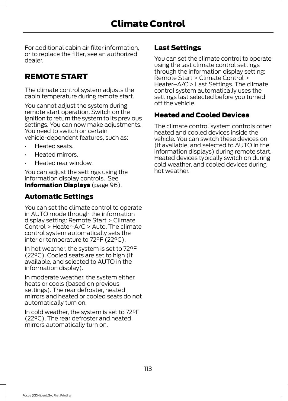 Remote start, Climate control | FORD 2015 Focus User Manual | Page 116 / 453