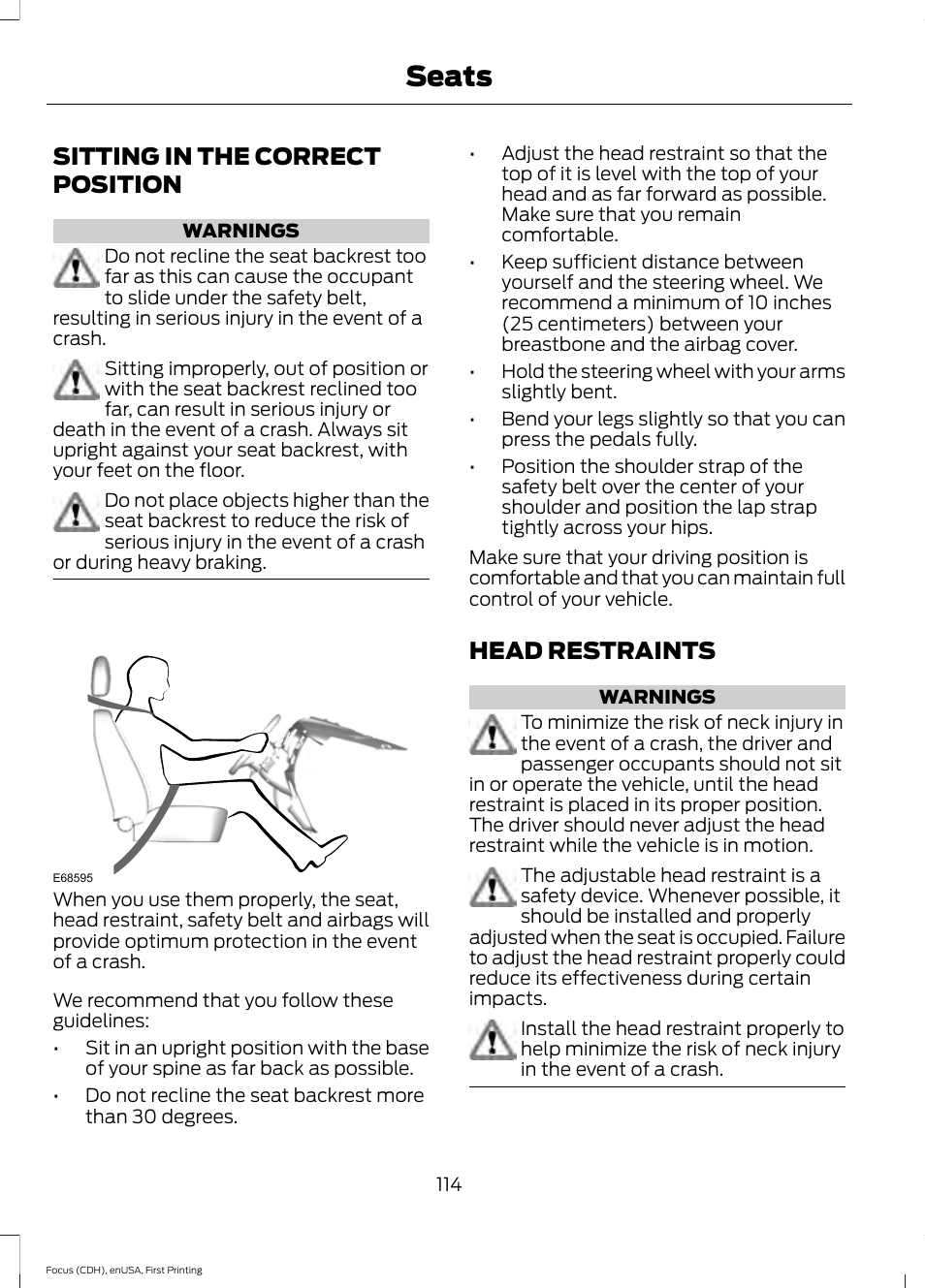 Seats, Sitting in the correct position, Head restraints | Sitting in the correct position head restraints | FORD 2015 Focus User Manual | Page 117 / 453