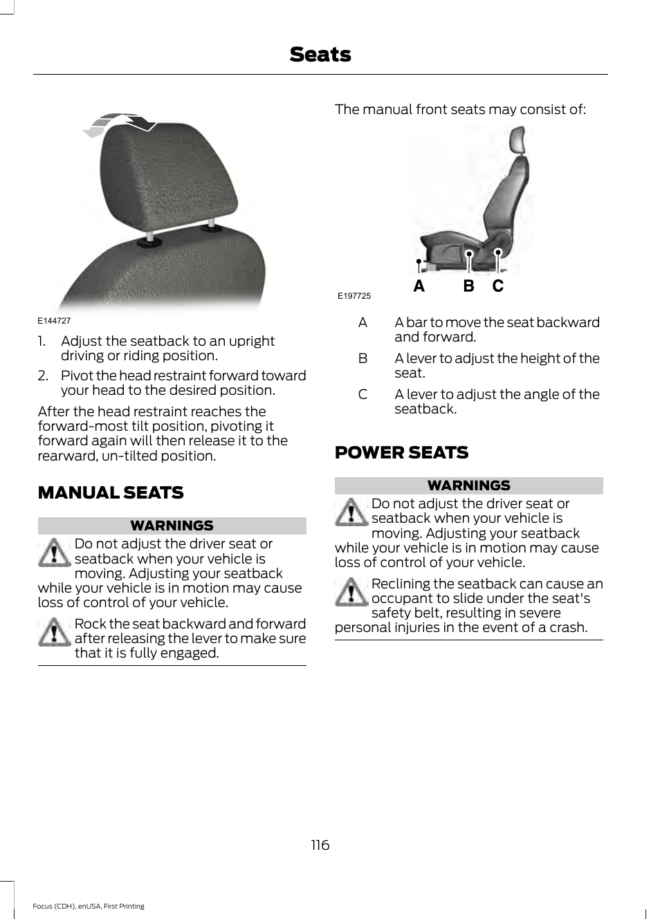 Manual seats, Power seats, Manual seats power seats | Seats | FORD 2015 Focus User Manual | Page 119 / 453