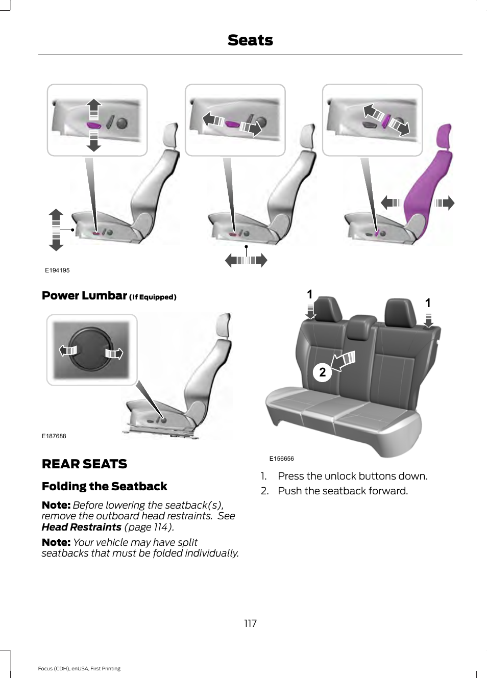 Rear seats, Seats | FORD 2015 Focus User Manual | Page 120 / 453