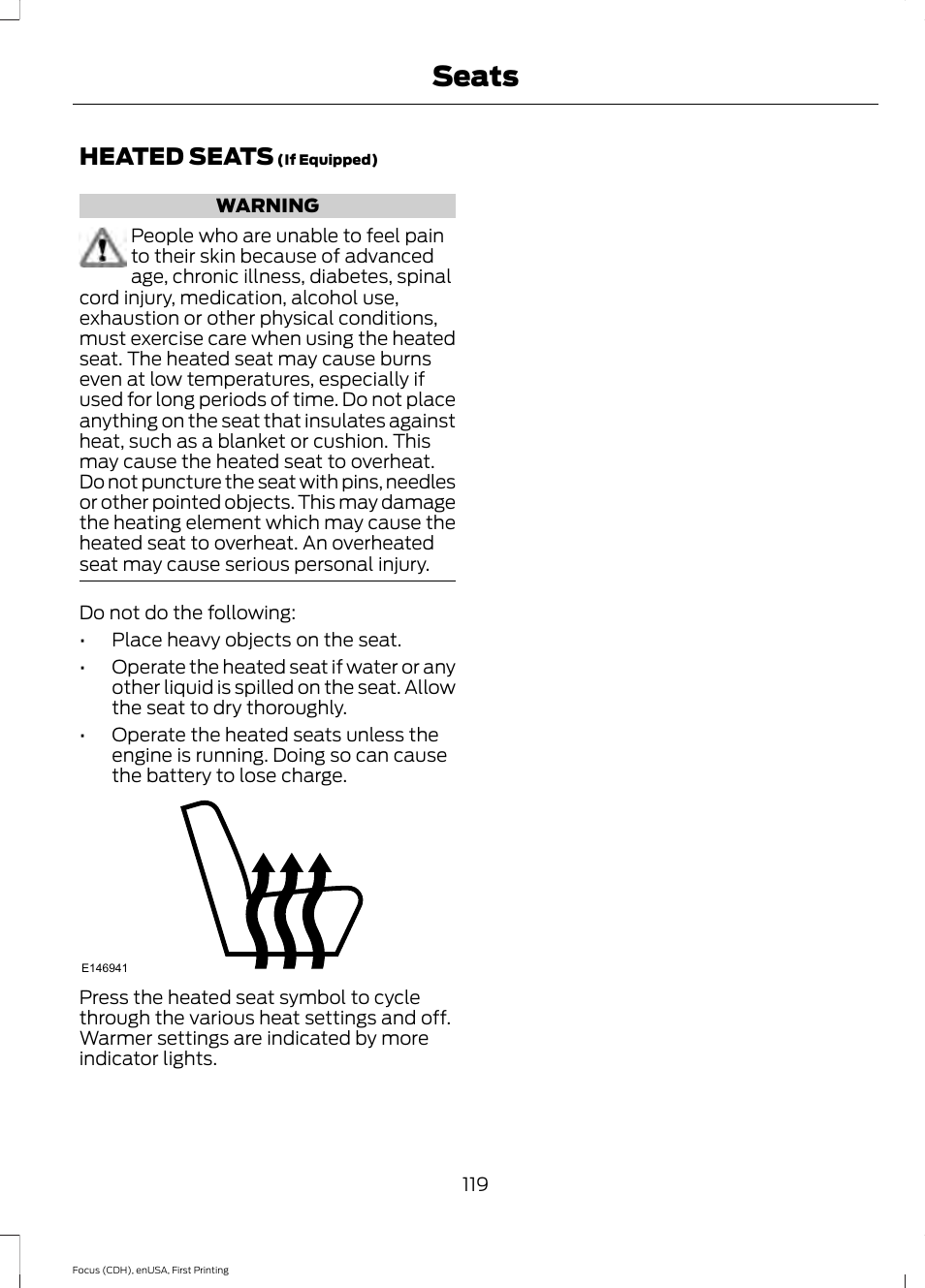 Heated seats, Seats | FORD 2015 Focus User Manual | Page 122 / 453
