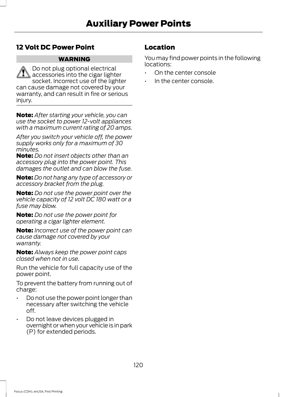 Auxiliary power points | FORD 2015 Focus User Manual | Page 123 / 453