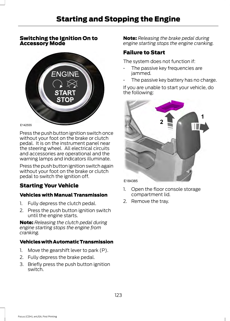 Starting and stopping the engine | FORD 2015 Focus User Manual | Page 126 / 453
