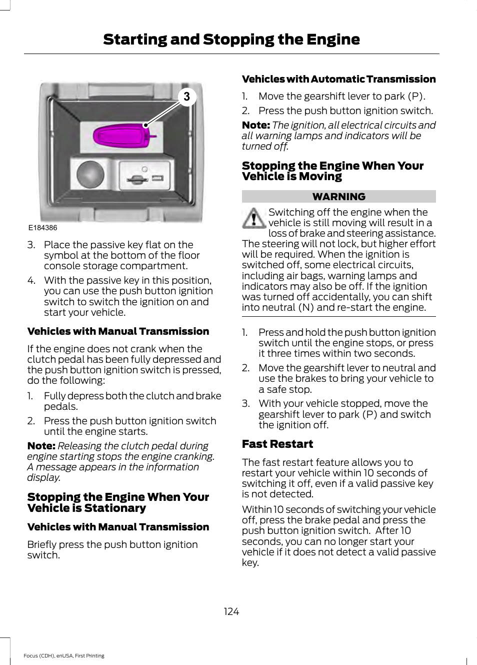 Starting and stopping the engine | FORD 2015 Focus User Manual | Page 127 / 453