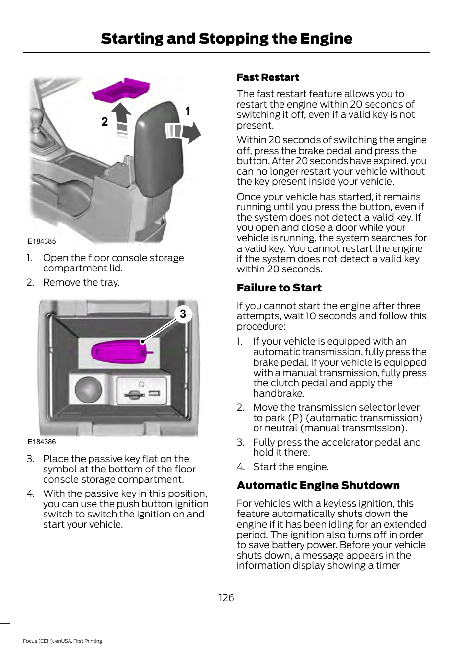 Starting and stopping the engine | FORD 2015 Focus User Manual | Page 129 / 453