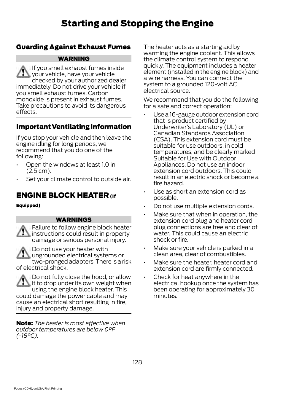 Engine block heater, Starting and stopping the engine | FORD 2015 Focus User Manual | Page 131 / 453